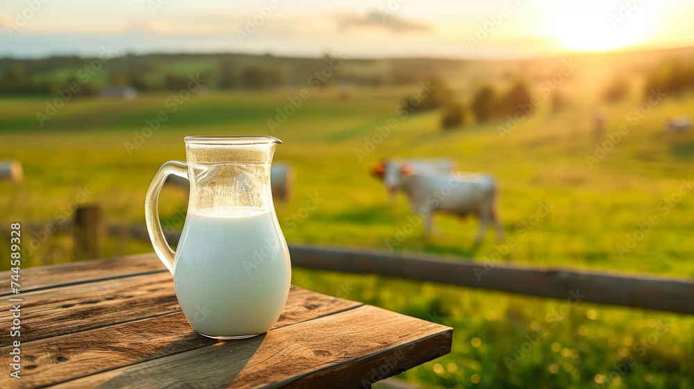 Natural Elegance: Glass Jug Milk with Cow Pasture View Natural Elegance: Glass Jug Milk with Cow Pasture View