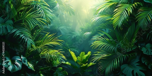 A lush jungle scene with a variety of vibrant green leaves from different types of plants  including ferns  palms  and trees  creating a beautiful and natural outdoor setting