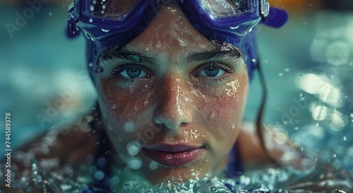 A determined woman gracefully navigates the underwater world, her face obscured by goggles as she embraces the sport of swimming