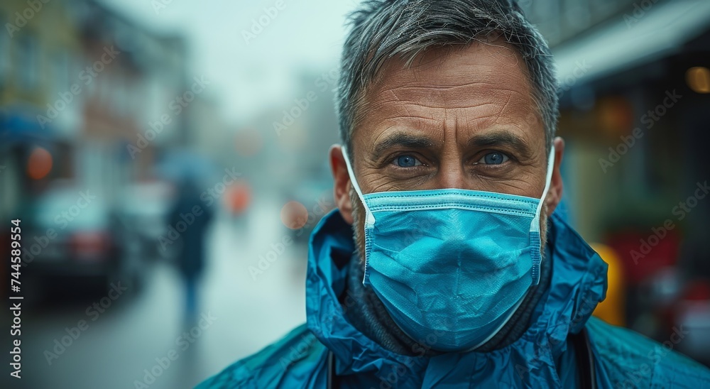 A person walks down a busy street, their human face hidden behind a blue face mask, a necessary outdoor clothing choice in these uncertain times A person walks down a busy street, their human face hidden behind a blue face mask, a necessary outdoor clothing choice in these uncertain times