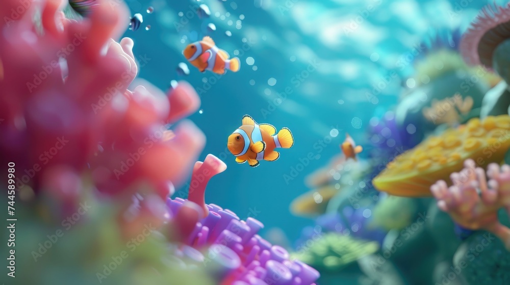 Vividly animated clownfish swim gracefully in a stunningly detailed and colorful coral reef ecosystem.
