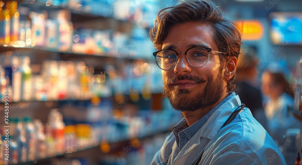 A professional man with glasses and a stethoscope stands confidently in a retail store, surrounded by neatly organized shelves and the hustle and bustle of the street outside, exuding an air of knowl A professional man with glasses and a stethoscope stands confidently in a retail store, surrounded by neatly organized shelves and the hustle and bustle of the street outside, exuding an air of knowl