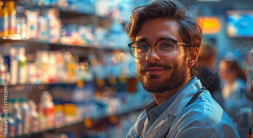 A professional man with glasses and a stethoscope stands confidently in a retail store, surrounded by neatly organized shelves and the hustle and bustle of the street outside, exuding an air of knowl