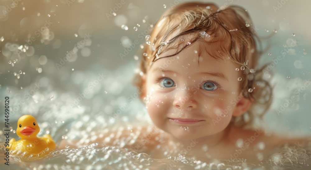 A joyous toddler discovers the wonders of water as he playfully splashes and smiles in his yellow bathtub, capturing the essence of innocent and carefree childhood