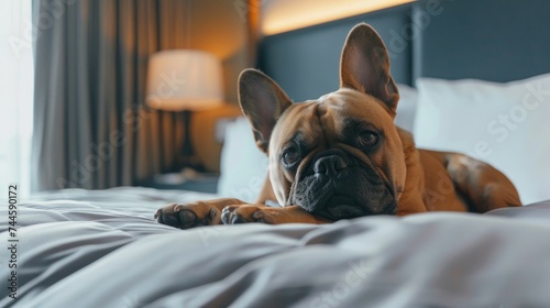 A calm French Bulldog lies comfortably on a bed with white linens, enjoying a lazy day in a cozy hotel room.  © komgritch