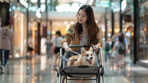 A cheerful woman with a corgi in a dog stroller is walking and smiling in a busy shopping mall corridor.