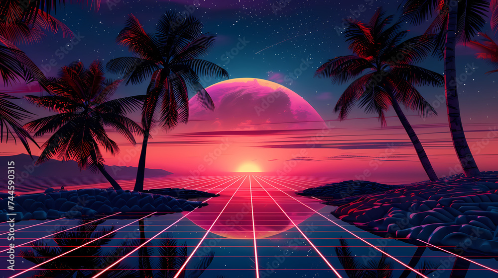 Fototapeta premium Tropical Sunset With Retro Synthwave Aesthetic Over Grid Landscape