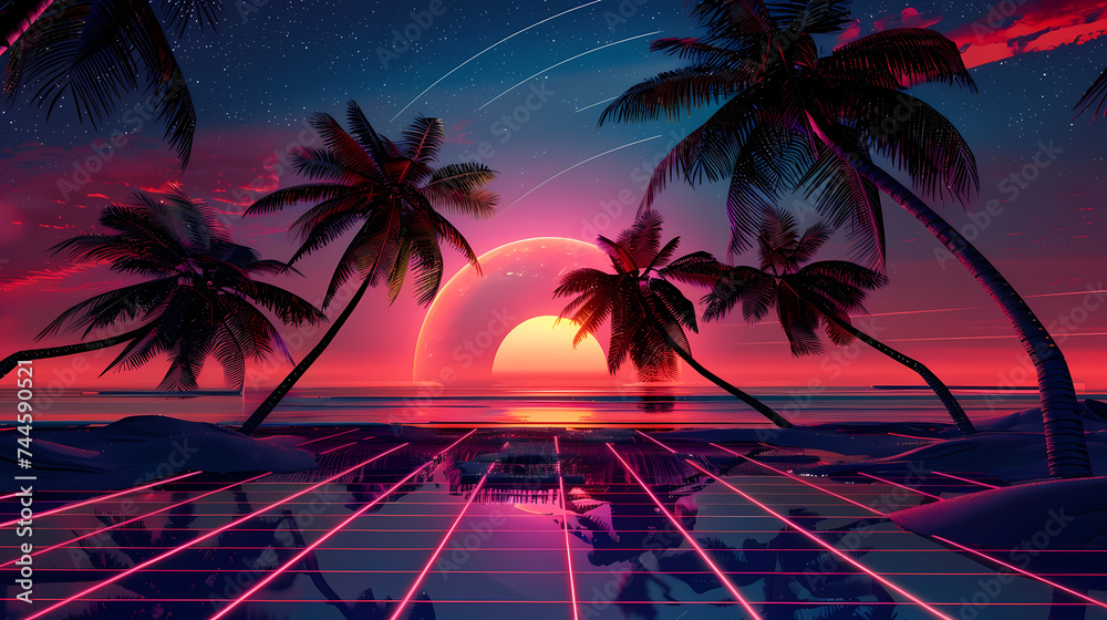 Naklejka premium Tropical Sunset With Retro Synthwave Aesthetic Over Grid Landscape