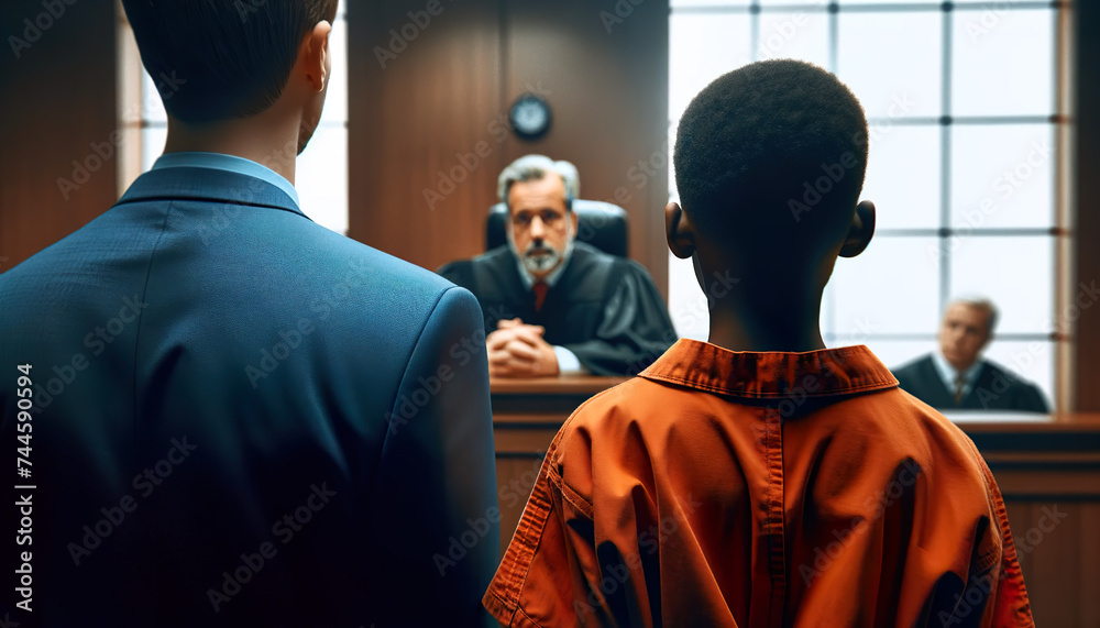 Young boy standing with his attorney inside a juvenile courtA Juvenile Defense Attorney specializes in defending children who find themselves in legal trouble - obrazy, fototapety, plakaty 