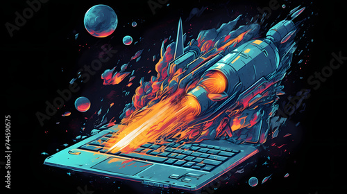  a rocket with its wings on a laptop