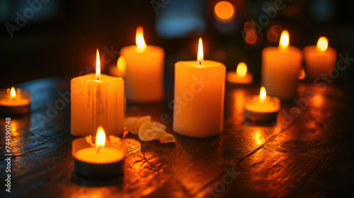 Group of lit candles on wooden table
