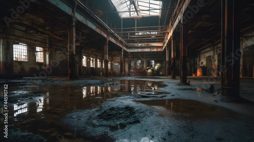  abandoned steel plant with puddles in the middle