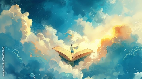 A young boy stands on a giant open book soaring through a dreamy sky, a metaphor for the power of reading and imagination.