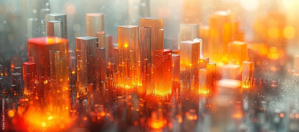 The glowing amber lights of countless candles illuminate the towering buildings of a bustling city, creating a breathtaking display of urban beauty and vibrancy