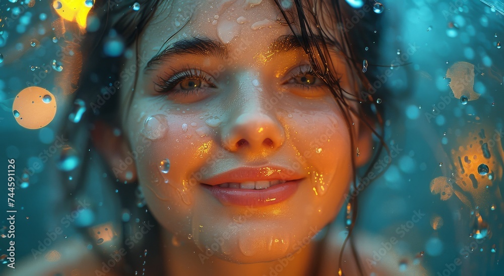 A bubbly woman with wet hair and shining eyes smiles warmly, her portrait a stunning display of human emotion and artistic beauty A bubbly woman with wet hair and shining eyes smiles warmly, her portrait a stunning display of human emotion and artistic beauty