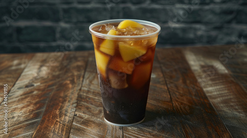 Refreshing glass of iced coffee on rustic wooden table, perfect for coffee shop menus or summer beverage promotions