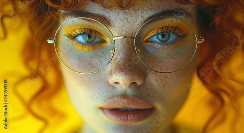 A captivating portrait of a woman with freckles, adorned with bold yellow eye makeup and a mesmerizing gaze, evoking a sense of mystery and beauty