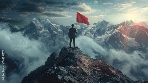 A businessman scans the flag atop a mountain. Generative Ai. photo