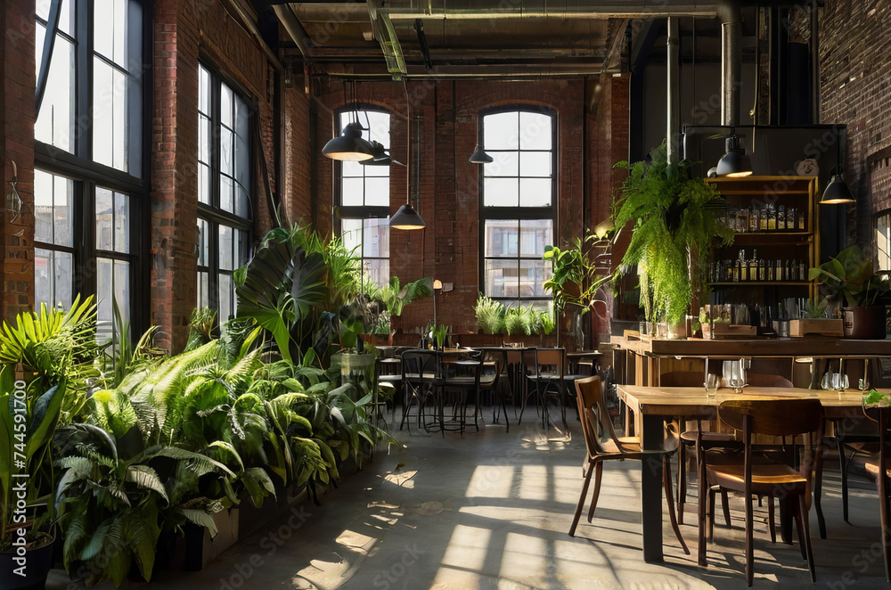 Sunlit industrial loft cafe with lush green plants. Biophilic room design.
