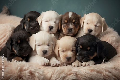 A chaotic cuddle puddle of fluffy puppies of different breeds  napping peacefully on a soft blanket