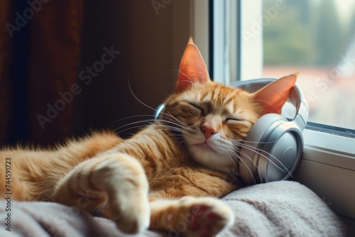Cute sleeping cat listening to music with headphones on. Musical pets banner. 