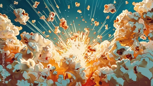 A cartoonish depiction of a popcorn explosion in mid air kernels popping and flying everywhere photo