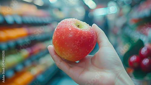 Fresh Apple Grasp Amidst Supermarket Bustle