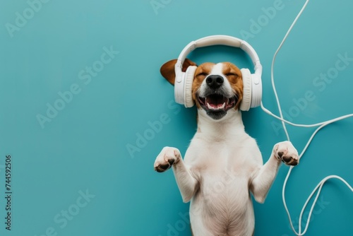 Cute dog listening to music with headphones on, enjoying it very much.	 photo