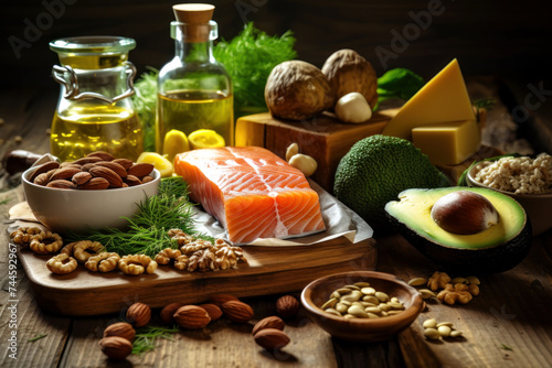 Dive into a world of nutrition with this vibrant display of healthy foods, showcasing avocados, salmon, and nuts, perfect for wellness enthusiasts