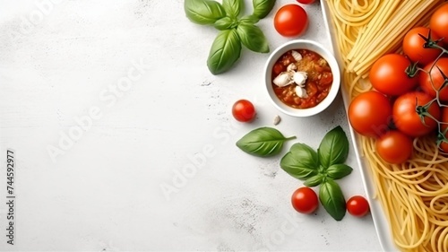Classic Italian tomato spaghetti dish and cooking ingredient with white background