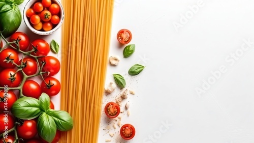 Classic Italian tomato spaghetti dish and cooking ingredient with white background
