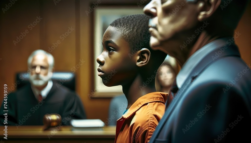 African American boy standing with his attorney inside a juvenile courtA Juvenile Defense Attorney specializes in defending children who find themselves in legal trouble - obrazy, fototapety, plakaty 