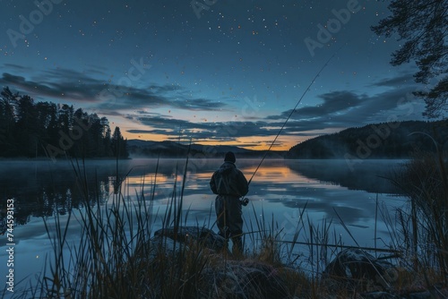 Night fishing under the stars at a quiet lake, mysterious and enchanting, nocturnal adventure.