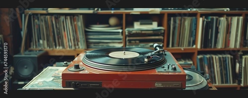 A medium shot of a vintage record player surrounded by vinyl records
