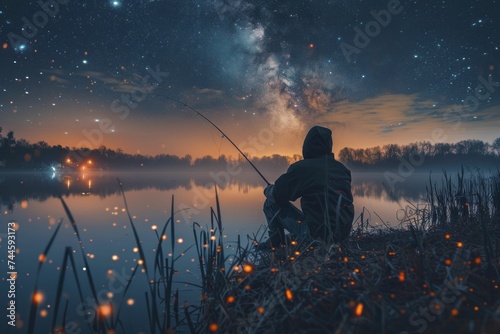 Night fishing at a serene lake, a mysterious and enchanting nocturnal adventure under starlit skies. photo