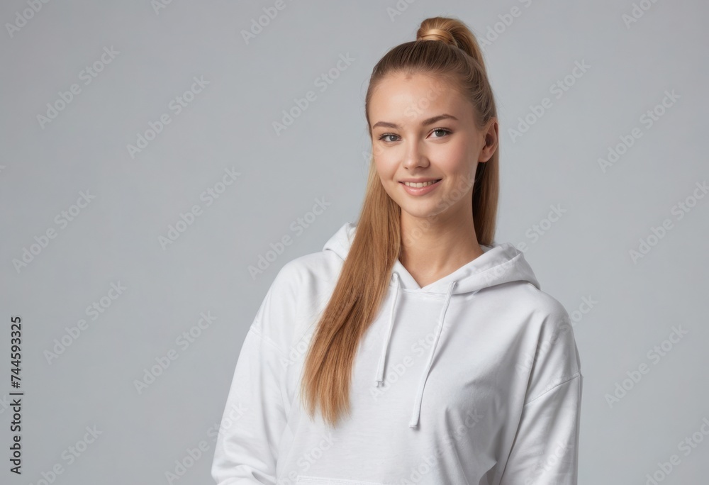 A calm and composed young woman with her hair in a neat ponytail wears a comfortable white hoodie, embodying a sense of simplicity and serenity. Her soft smile and relaxed posture convey a tranquil A calm and composed young woman with her hair in a neat ponytail wears a comfortable white hoodie, embodying a sense of simplicity and serenity. Her soft smile and relaxed posture convey a tranquil