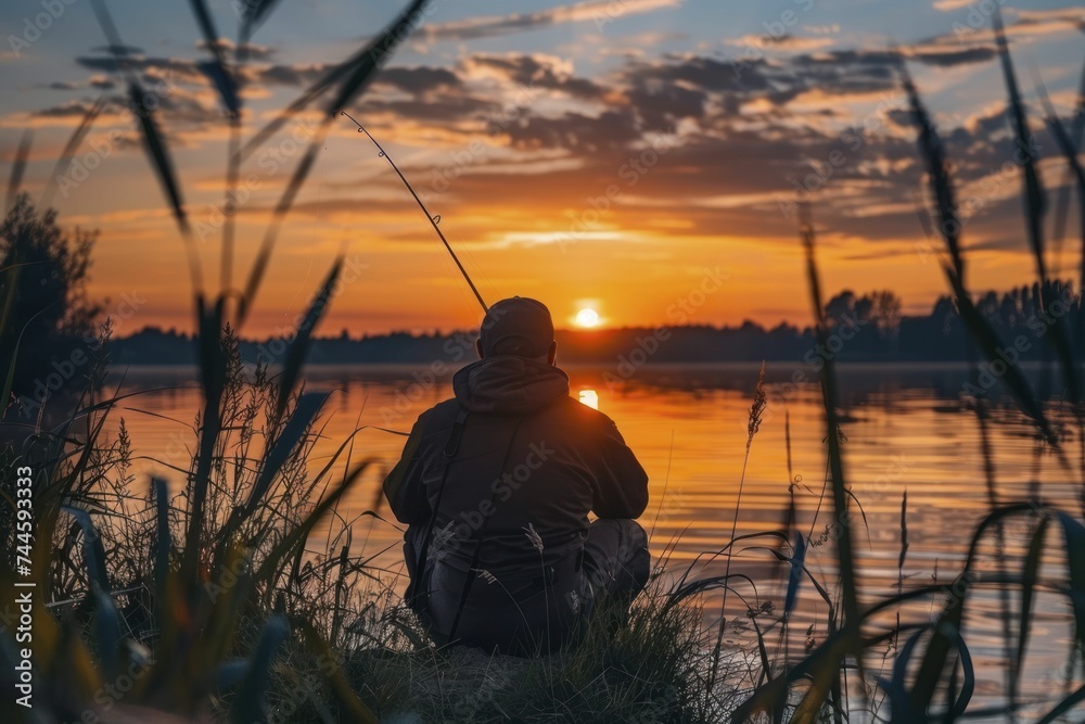 Lake fishing at sunset, golden hour glow, peaceful end to the day. Lake fishing at sunset, golden hour glow, peaceful end to the day.
