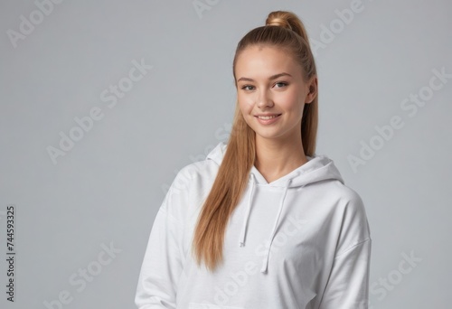 A calm and composed young woman with her hair in a neat ponytail wears a comfortable white hoodie, embodying a sense of simplicity and serenity. Her soft smile and relaxed posture convey a tranquil