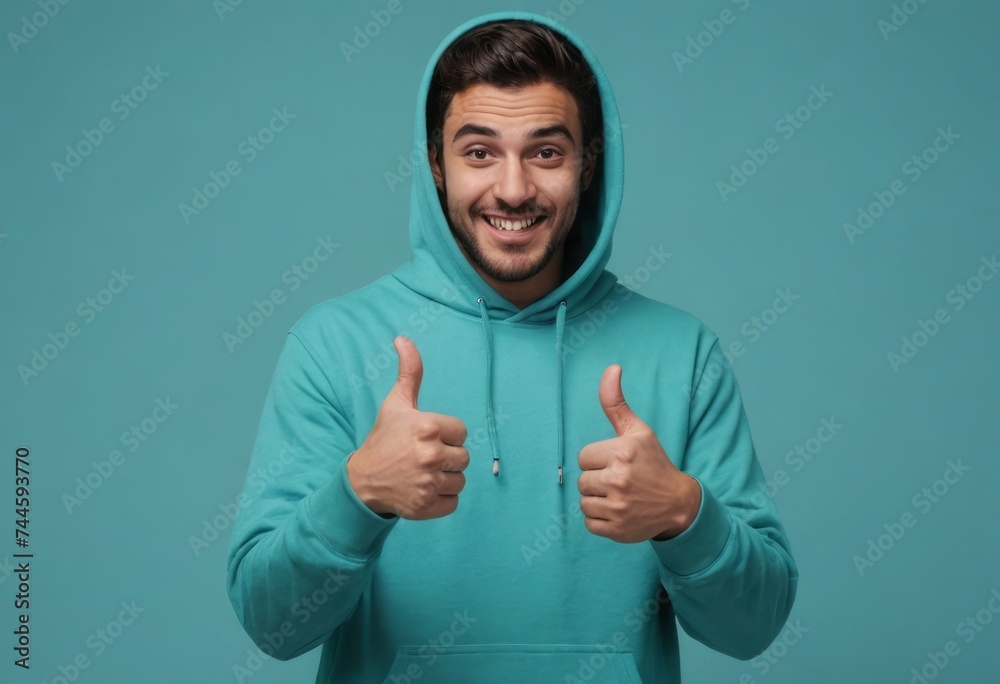 A man in a teal hoodie with double thumbs up. His playful expression and casual hoodie suggest a relaxed and upbeat attitude. A man in a teal hoodie with double thumbs up. His playful expression and casual hoodie suggest a relaxed and upbeat attitude.