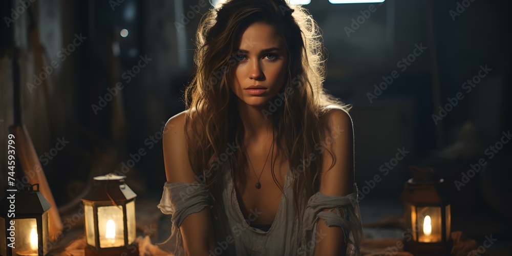 Distressed young woman in solitary state, overwhelmed in dimly lit room. Concept Distressed Woman, Solitude, Overwhelmed, Dimly Lit Room Distressed young woman in solitary state, overwhelmed in dimly lit room. Concept Distressed Woman, Solitude, Overwhelmed, Dimly Lit Room