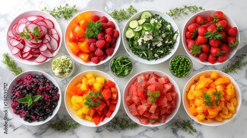 Top view of nutritious spread of fresh fruits and vegetables, freshness of the produce, Perfect for health and wellness, vegetarian and vegan, healthy eating, organic produce and meal preparation