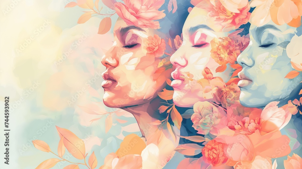 A captivating image of three faces in profile, seamlessly fused with a lush array of pastel spring flowers, evoking a tranquil and dreamlike vision of unity with nature. A captivating image of three faces in profile, seamlessly fused with a lush array of pastel spring flowers, evoking a tranquil and dreamlike vision of unity with nature.