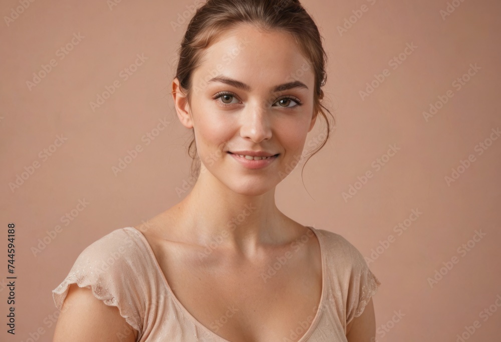 A young woman with a serene expression and soft features is gently smiling, wearing a light peach blouse that radiates warmth and gentleness. A young woman with a serene expression and soft features is gently smiling, wearing a light peach blouse that radiates warmth and gentleness.