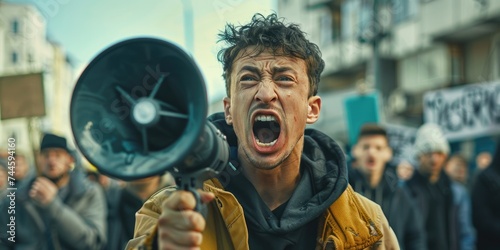 A young man is protesting by yelling via a loudspeaker. Generative Ai.