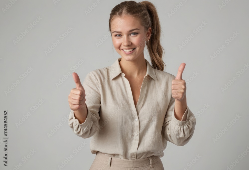 A positive woman in a stylish beige blouse giving two thumbs up. Her professional yet relaxed attire suggests a blend of business and casual. A positive woman in a stylish beige blouse giving two thumbs up. Her professional yet relaxed attire suggests a blend of business and casual.