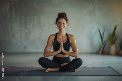Woman Enjoying Peaceful Yoga Practice in Studio. Smiling woman in a cross-legged pose with hands in Namaste during a calming yoga session in a plant-adorned studio.