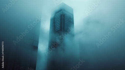 A foggy morning scene with the silhouette of an office tower looming through the mist, its structure partially obscured yet still imposing.