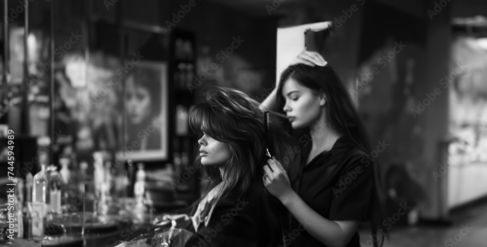 a hairdresser styling a client's hair in a salon, using scissors and styling tools to create a fashionable and flattering look a hairdresser styling a client's hair in a salon, using scissors and styling tools to create a fashionable and flattering look