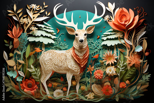 illustration of a deer in the forest with flowers and plants.