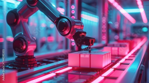 Medium shot of a robotic arm in a neon lit packing station preparing parcels with precision for dispatch photo